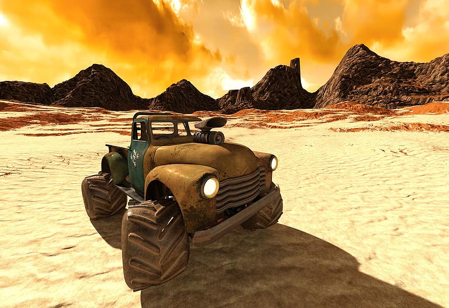Desert, Wreck, Auto, Background, Hotrod, Old, Style, Doge