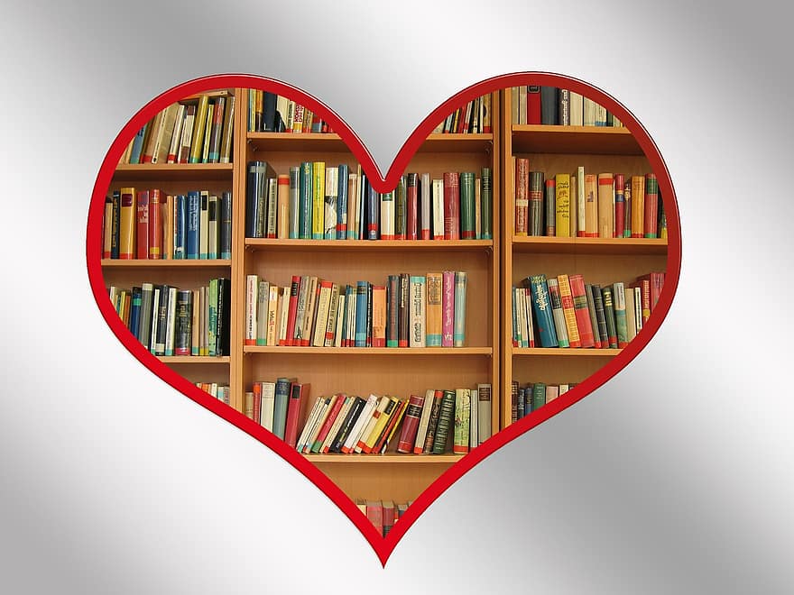 könyv, könyvek, könyvespolc, olvas, irodalom, szív, hobbi