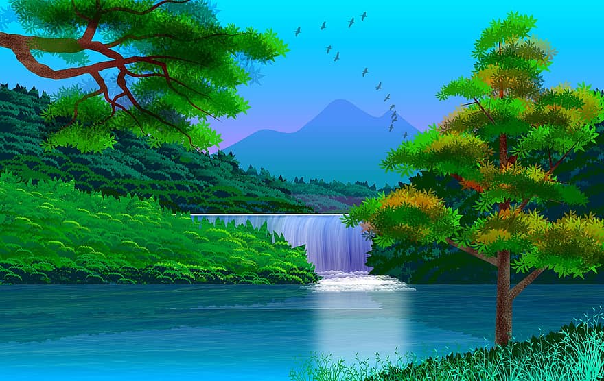 pemandangan, ilustrasi, lukisan, alam, indah, horison, hutan, air, rio, riam, kesegaran