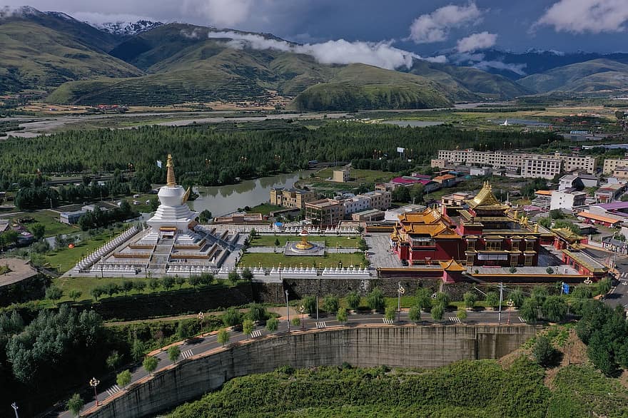 tempio, stupa, montagne, lago, cittadina, monastero, stupa bianco, religione