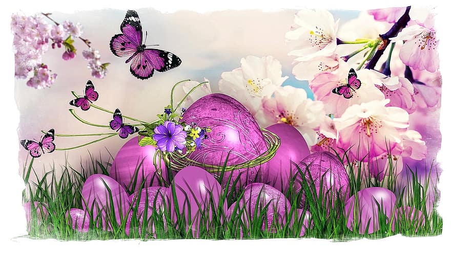 Wielkanoc, wielkanocne powitanie, jajko wielkanocne, Wesołych Świąt Wielkanocnych, wiosna, motyw wielkanocny, fioletowy