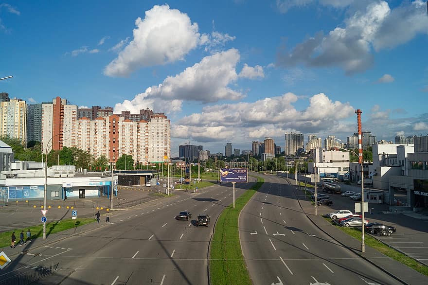 通り、高速道路、キエフ、資本、ウクライナ、シティ、建築