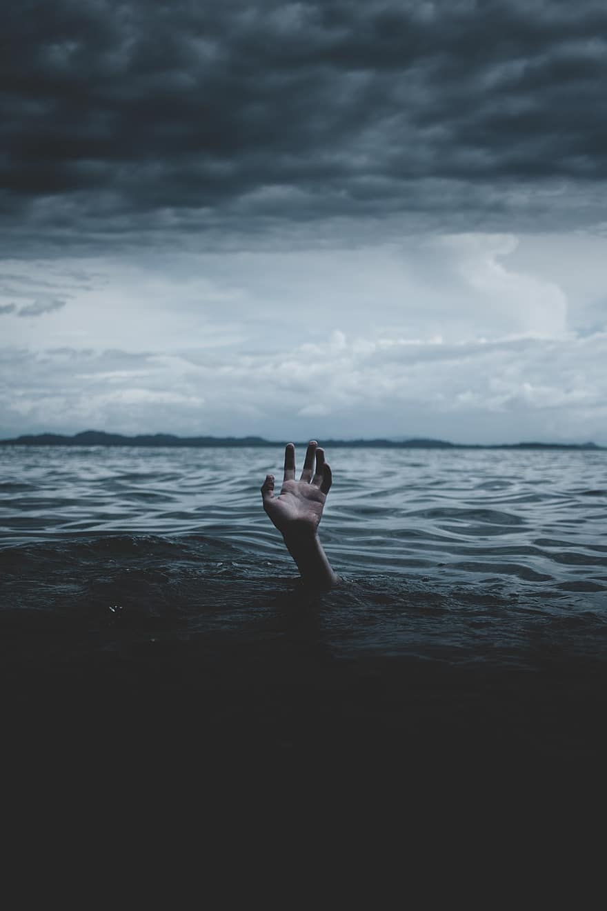 Person, Drowning, Water, Hand, Drown, Sea, Ocean, Clouds, Gloomy
