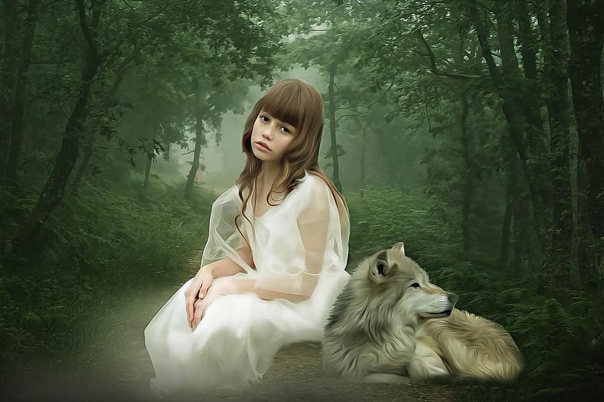 фантазия, фантастичен портрет, момиче, вълк, Момиче и вълк, тъмен, фантастичен дизайн, гора, мъглявина, дървета, есен