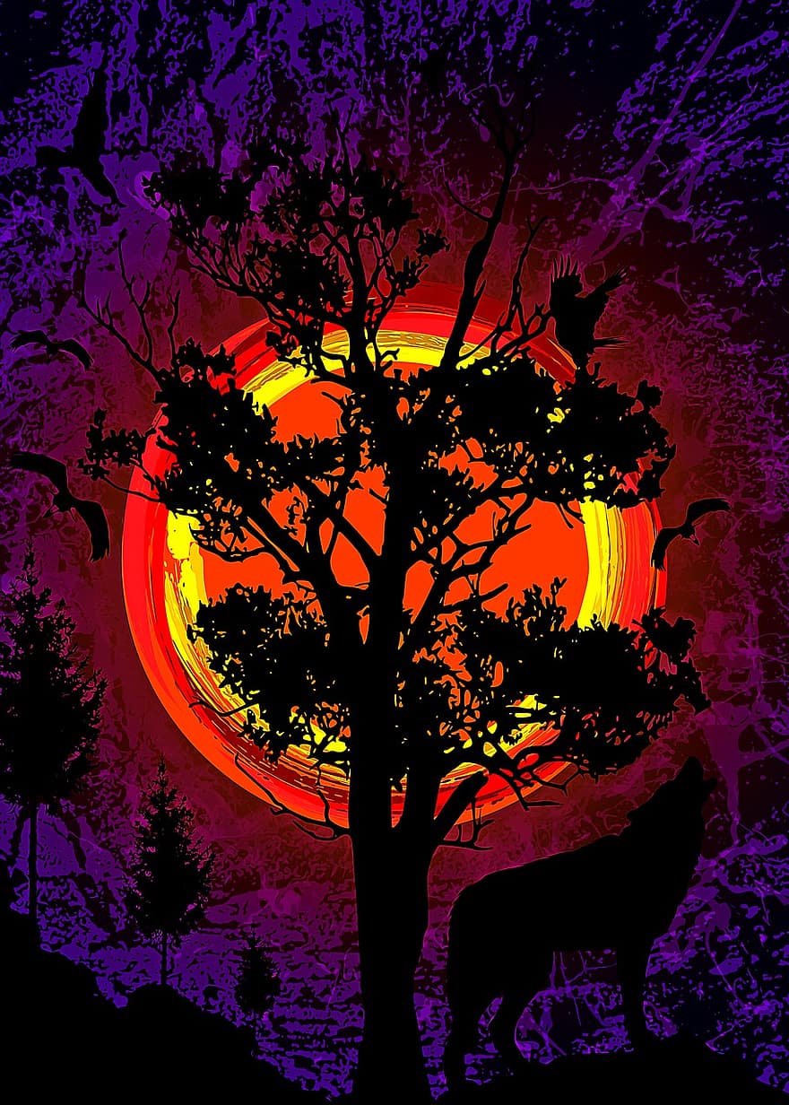 serigala, malam, seni, pohon, kegelapan, hutan, margasatwa, bayangan hitam, vektor, ilustrasi, matahari terbenam