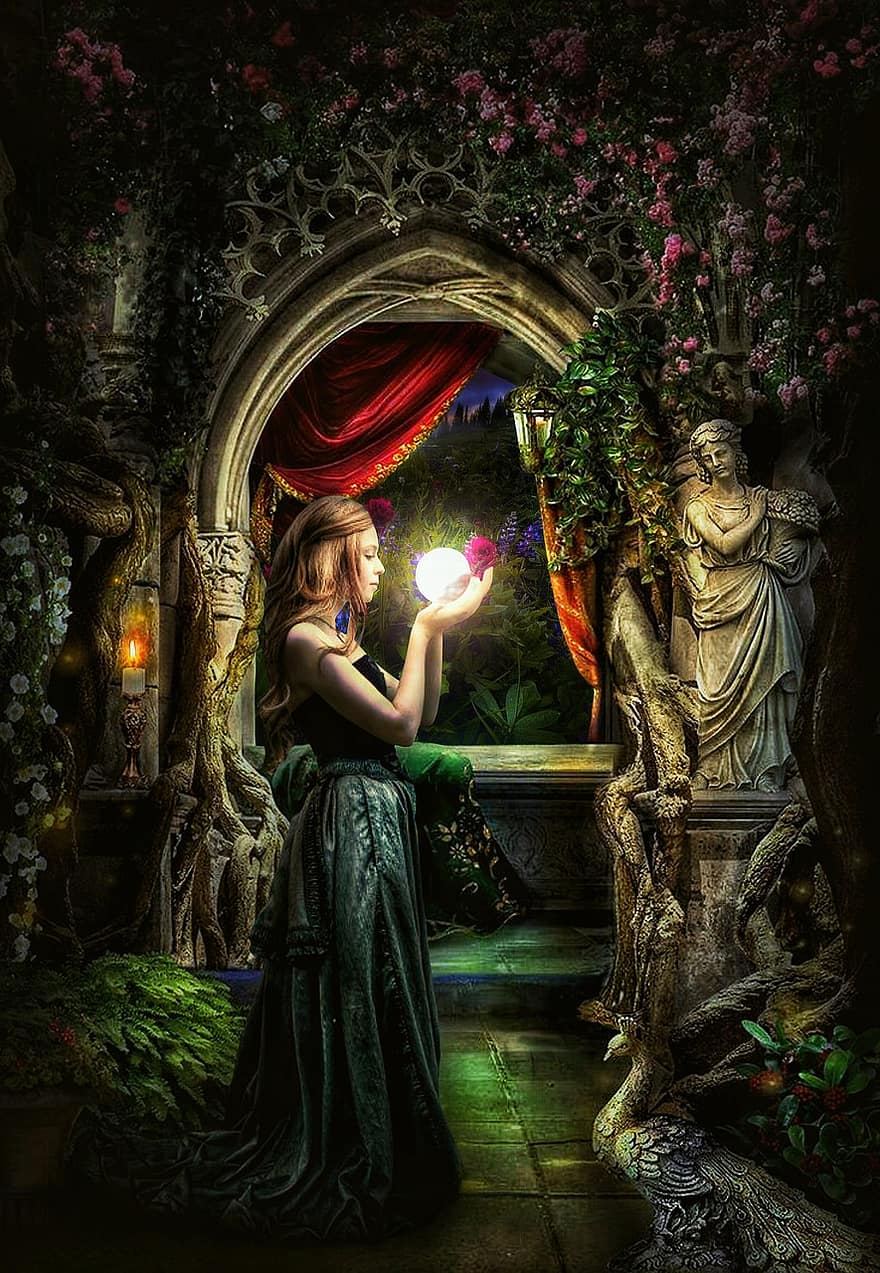 mujer, bola de fuego, ligero, místico, mágico, fantasía, iluminado, jardín