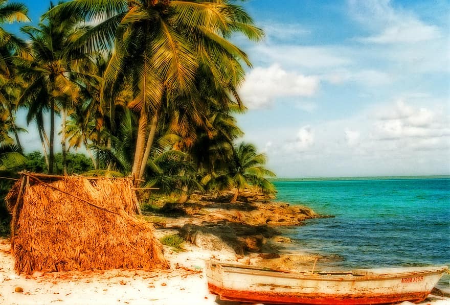 marzycielski, plaża, piasek, łódź, ocean, woda, palmy, sceniczny, krajobraz, wakacje, turystyka