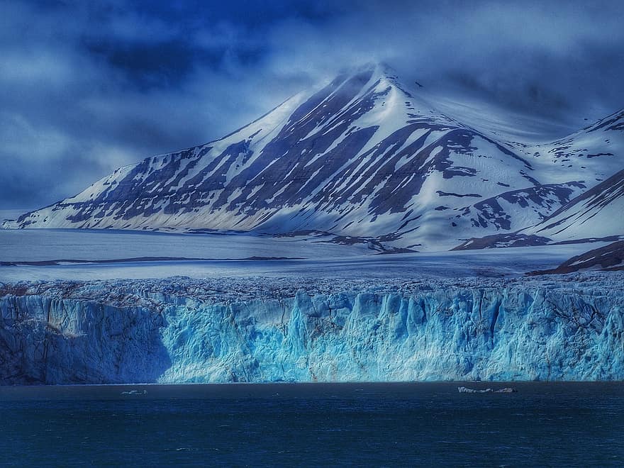 Шпицберген, Темпл-фьорд, ледник, лед, снег, воды, синий, гора, пейзаж, Арктический, зима