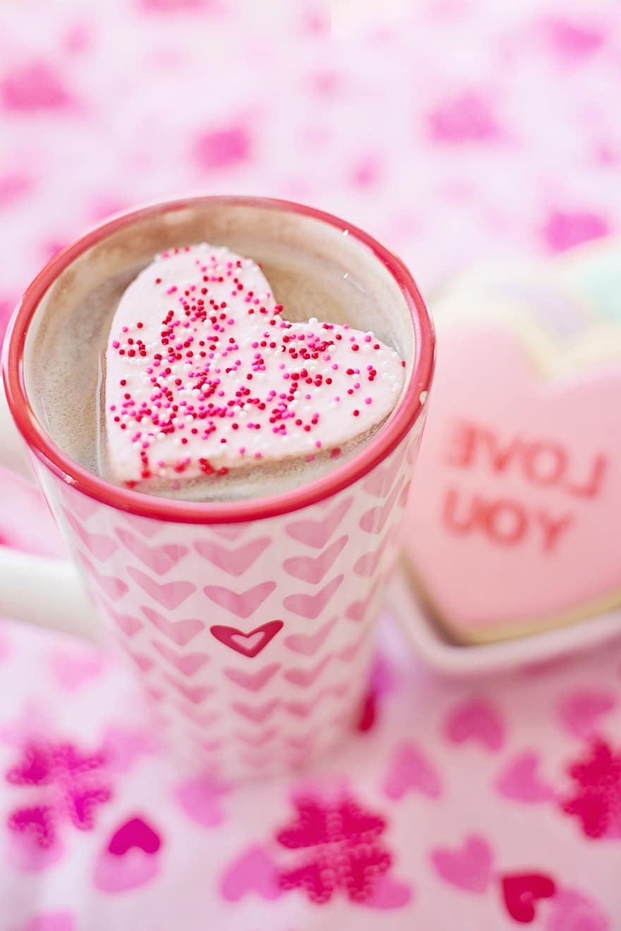 La Saint Valentin, amour, romance, tasse, Valentin, cœurs, chocolat chaud