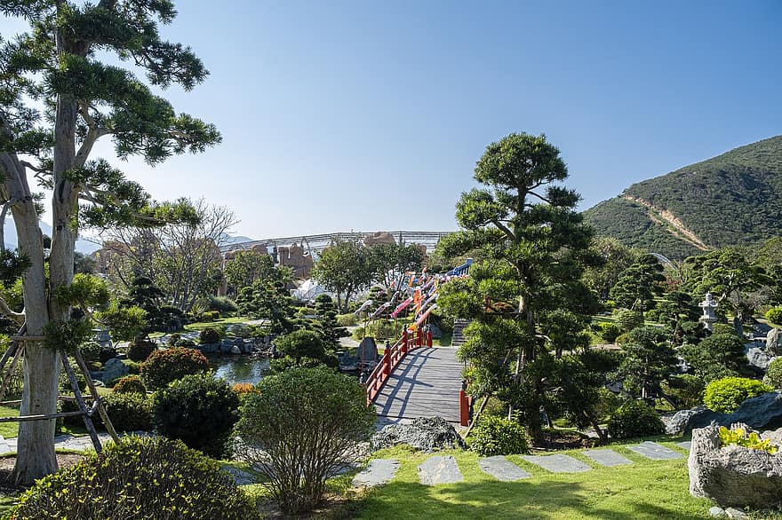 японский сад, парк, сад, пруд, природа, дерево, летом, зеленого цвета, пейзаж, синий, архитектура