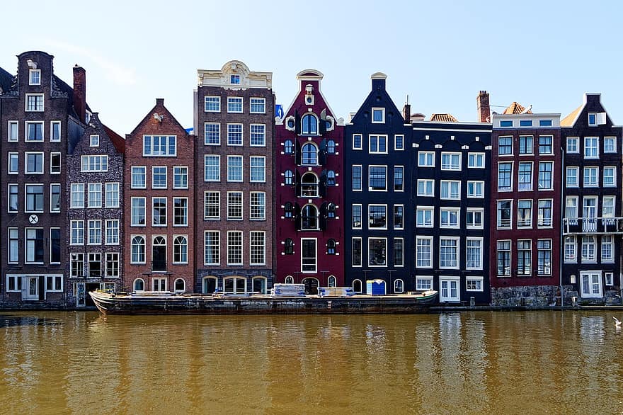 Амстердам, къщи, град, архитектура, лодка