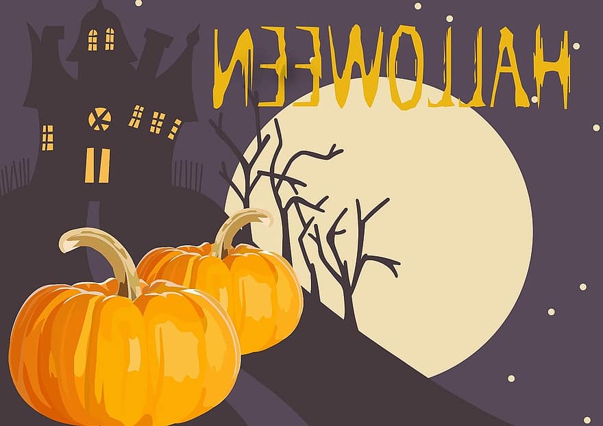 Halloween, nit, por, carbassa, lluna, castell, fosc, festa, horror, tardor, octubre
