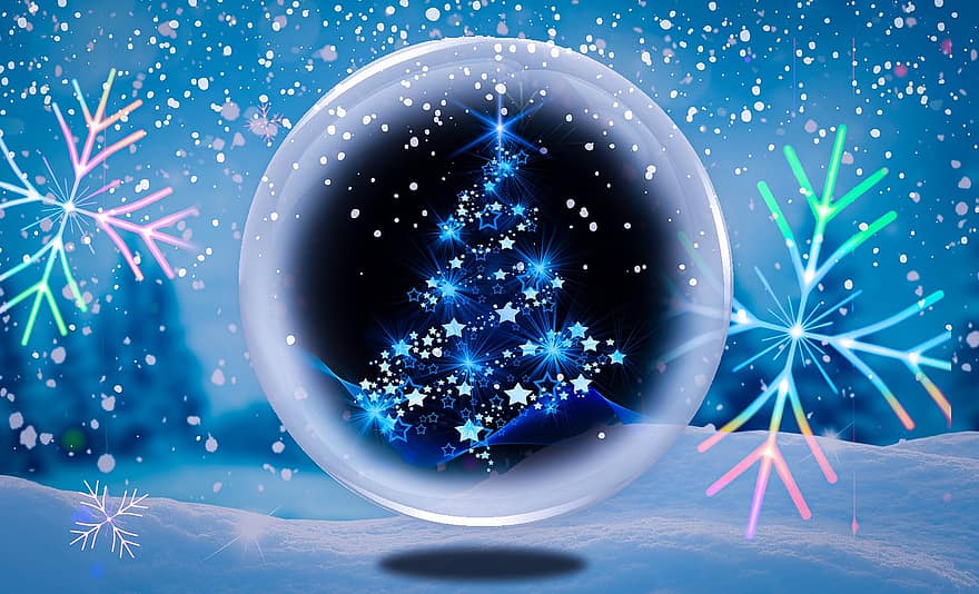 arbre, neige, étoiles, Noël, babiole, du froid