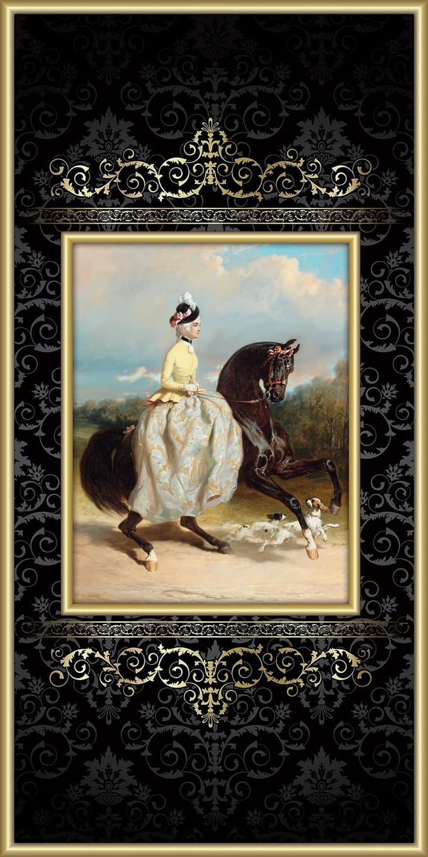 ló, nő, viktoriánus, lovas, lovaglás művészete, hölgy, lovaglás, kutya, spániel, elegáns, nőies