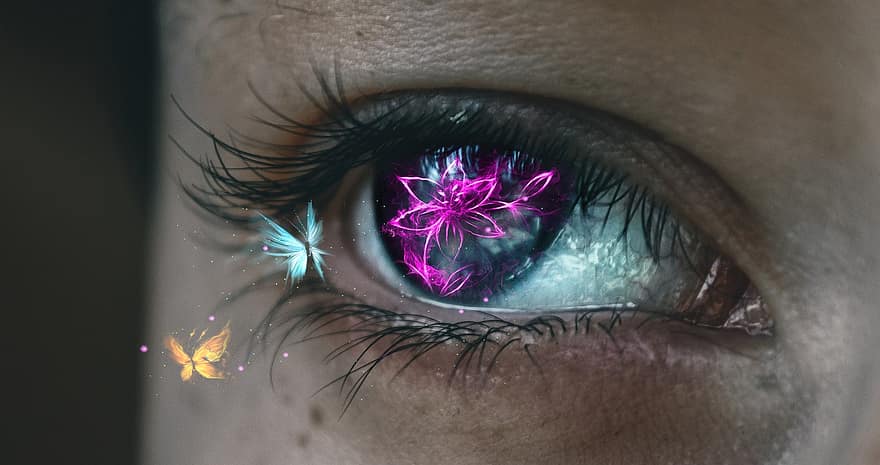 Eye, Flowers, Reflection, The Apprentice, Iris, Vision, Sight, Neon, Butterflies, Fantasy, Art