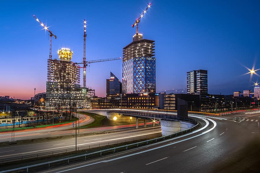 Construction, Build, Work, City, Gothenburg, Sunset, Sweden, High-rise Buildings, night, architecture, dusk