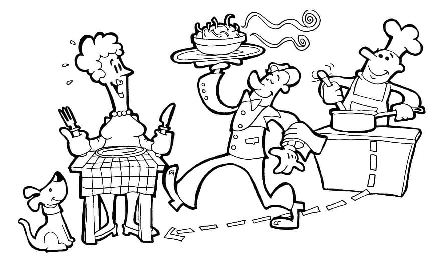Restaurant, Waiter, Coloring Page, Customer, Food, Cook, Cooking, Kitchen, Eating, Pasta, Cartoon