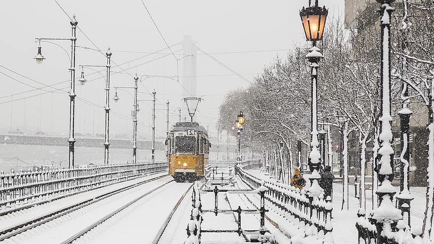 tramvia, ferrocarril, neu, hivern, trànsit ferroviari, rail, via de ferrocarril, transport, ciutat, budapest