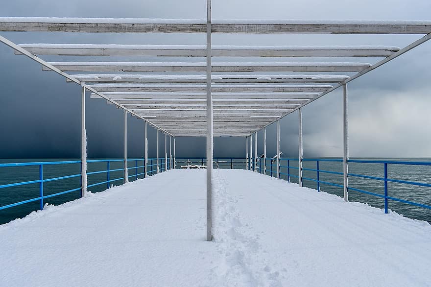Snow, Pier, Sea, Winter, Nature, Resort, Beach, Russia, Sochi, Cloudy, architecture