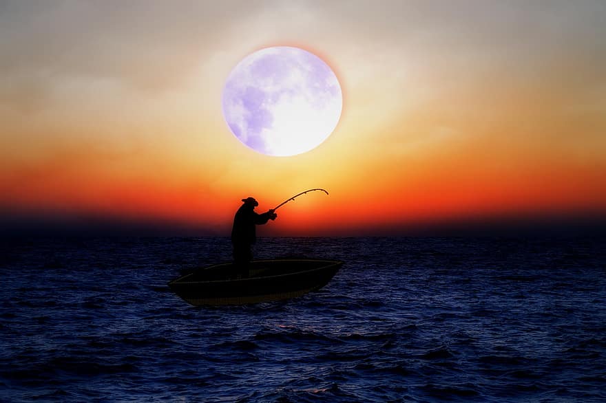 рибалка, море, човен, риба, води, корабель, захід сонця, місяць, сутінки, ловити рибу, риболовля