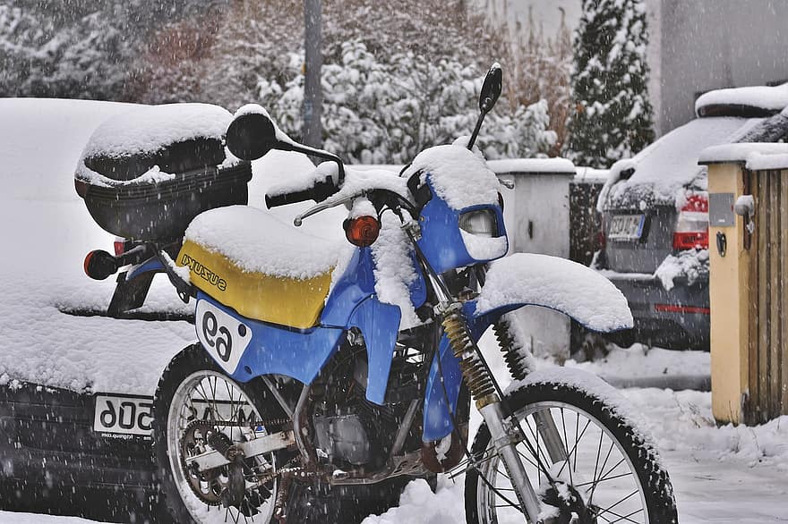 motorsykkel, enduro, cross, suzuki, vinter, snøfall, snø, vei
