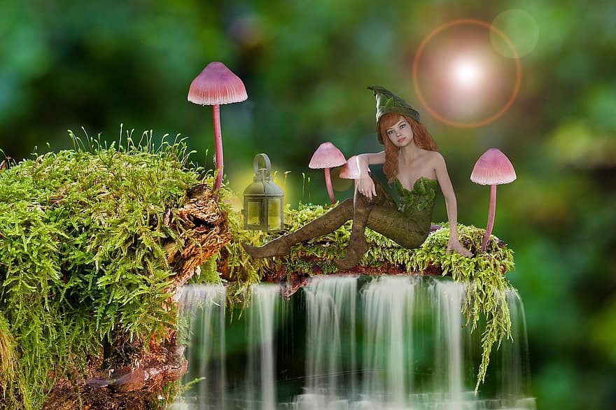 gia tinh, nàng tiên, nấm, rêu, thác nước, rừng, Fairy Home, câu chuyện