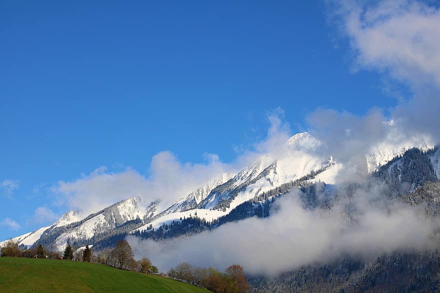 montanhas, nuvens, Parque Natural Gantrisch, Prado, Alpes, neve, panorama, boné para neve, bernese oberland, Suíça, montanha