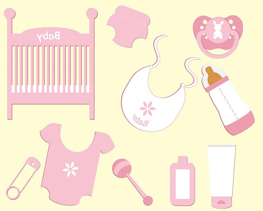 Baby, Girl, Accessories, Elements, Bib, Soother, Pacifier, Dummy, Crib, Cot, Bottle