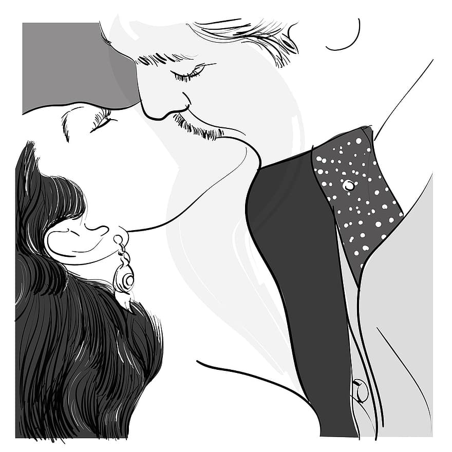 целувка, двойка, любителите, устни, обичам, чертеж, романтичен