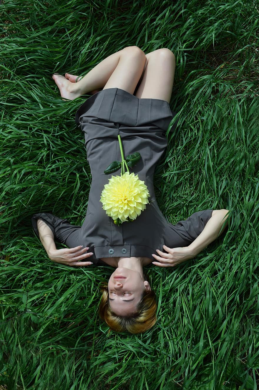Woman, Calm, Tranquility, Flower, Chrysanthemum, Grass, Meadow, Lawn, Pose, Beautiful, Pretty