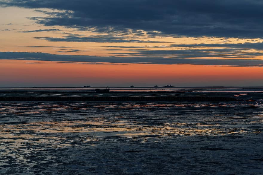 mar del Norte, Frisia del Norte, mar de wadden, mar, Oceano, naturaleza, paisaje, puesta de sol, resplandor crepuscular