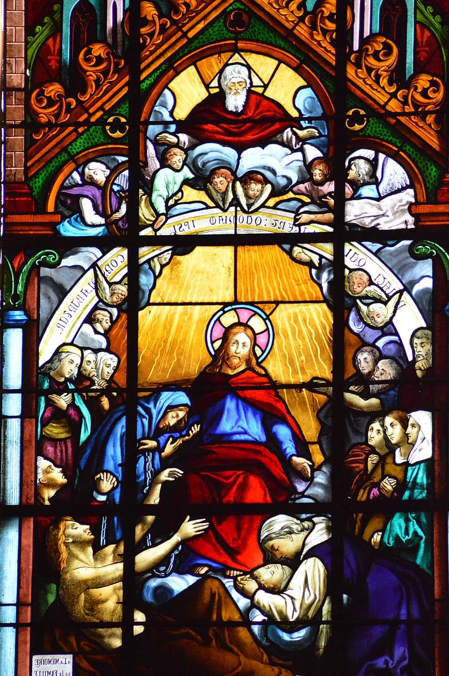 vitrall, finestra, Església, jesús, Déu, pare, fill, Consolador, àngels, catòlic, multicolor