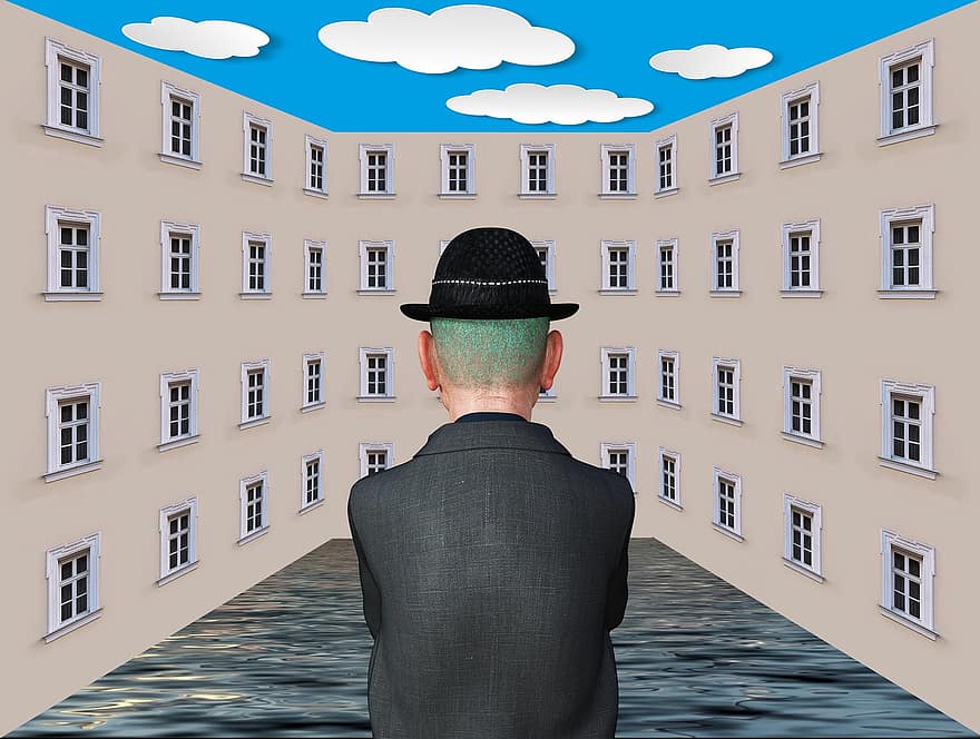 mężczyzna, budynek, architektura, fasada, surrealistyczny, pewność, sztuka, chmury, woda, czapka z daszkiem