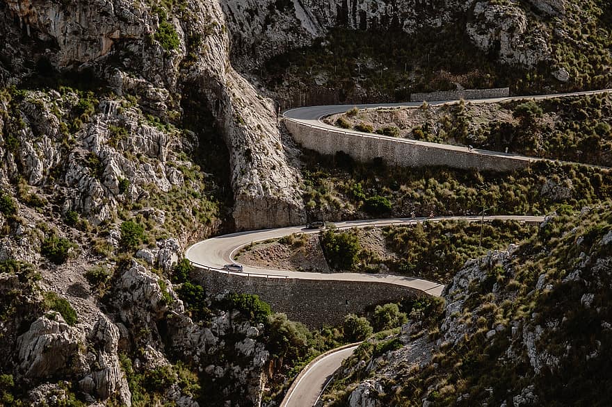 Mallorca, kanyargós úton, hegyek, természet, tájkép, ív, hegy, utazás, szikla, aszfalt, szállítás