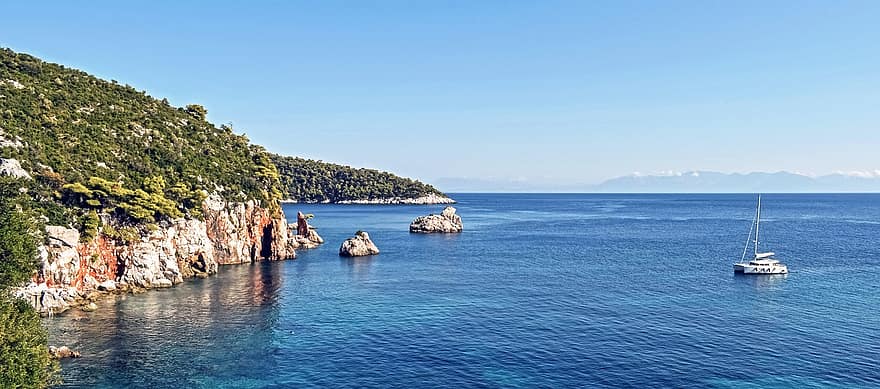 barcă, mare, roci, coastă, Grecia, Skopelos, Stafylos, peisaj, insulă, greacă, Sporades