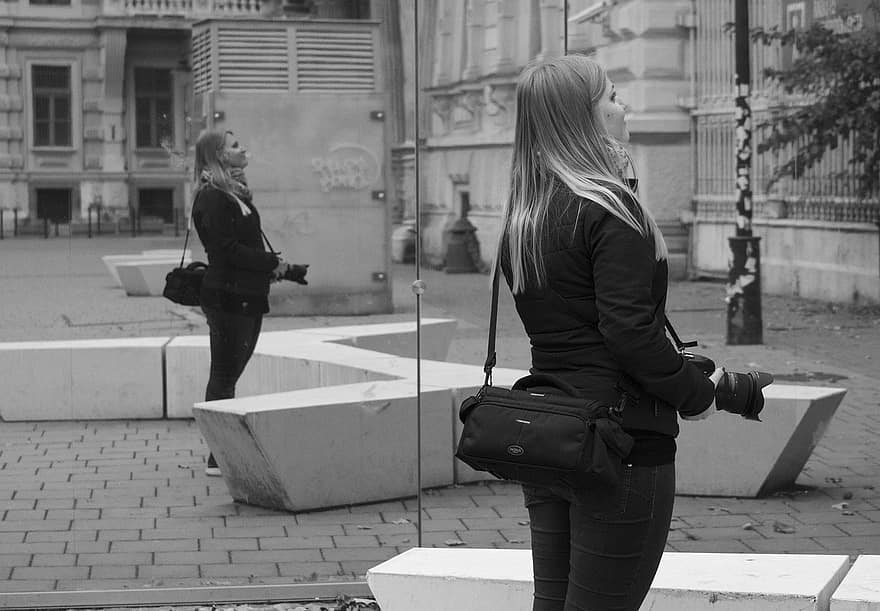 Woman, Monochrome, Camera, Reflection, Mirror, Photographer, Street, women, men, suit, adult