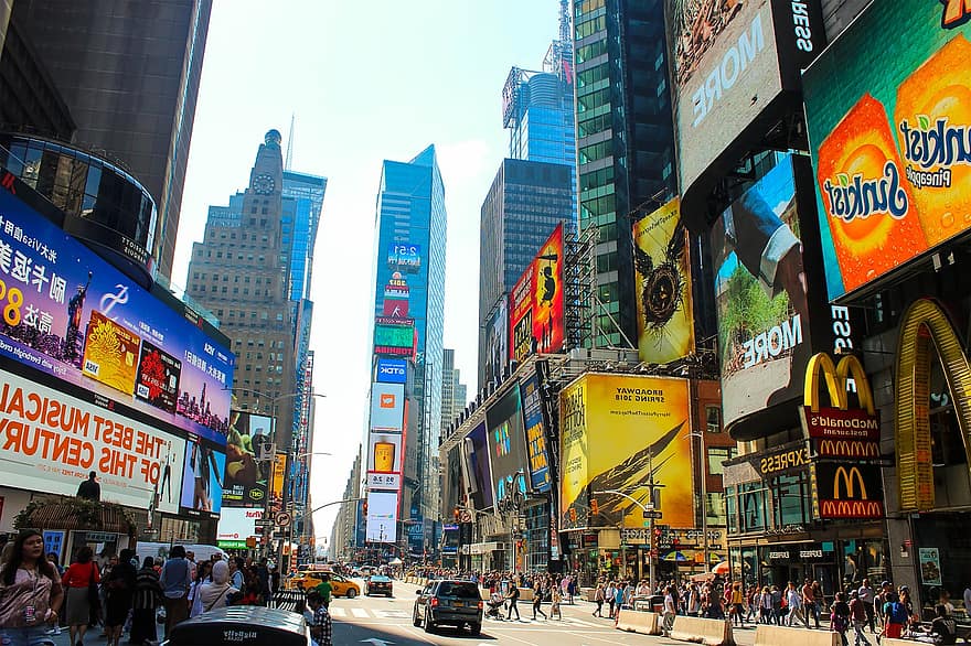 keer vierkant, gebouwen, reclame, broadway, nyc, stad, Verenigde Staten van Amerika, Manhattan, advertenties, menigte, stedelijk