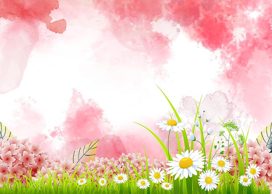 baneris, ziedi, hortenzija, zied, akvarelis, glezna, ziedu, pavasarī, zāli, fona, zieds
