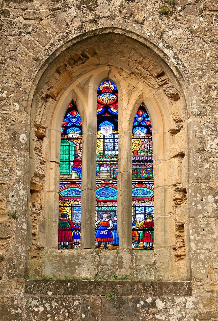 okno, sklenka, vitráže, kostel, architektura, budova, starověké, gotický, kámen, křesťanství, náboženství