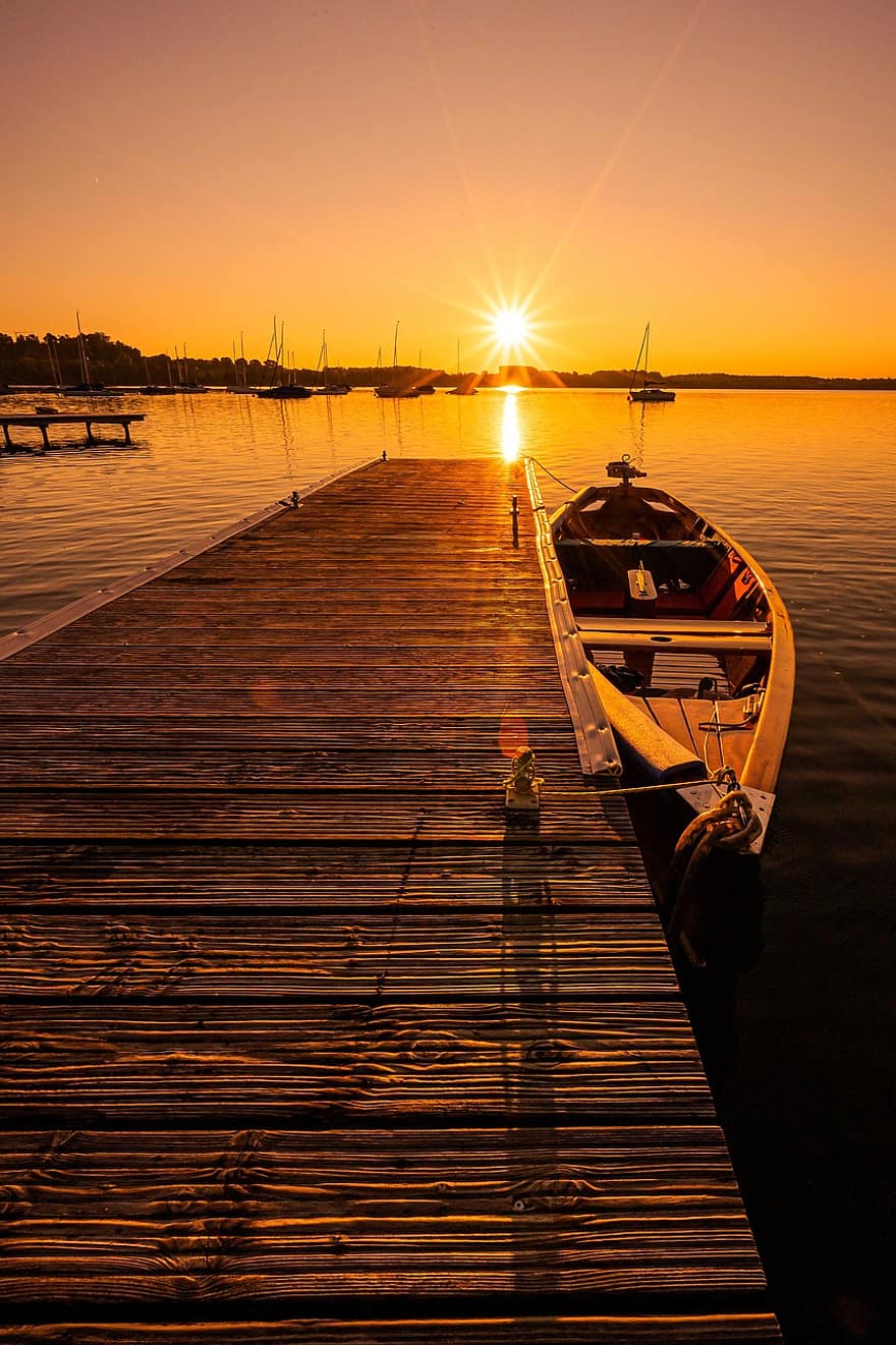 ボート、日没、湖