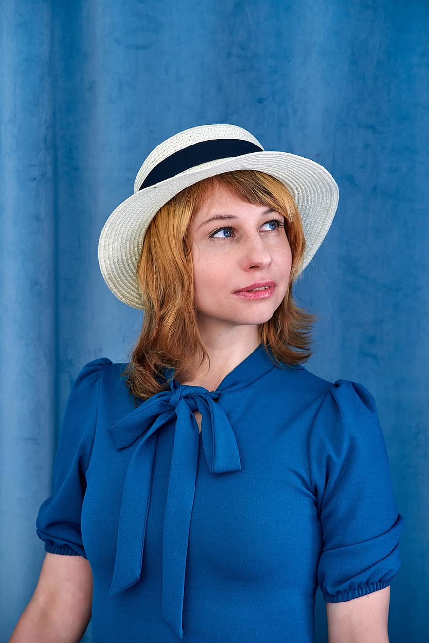 mulher, chapéu, vestir, moda, menina, modelo, lindo, chapéu de palha, vestido azul, arco, estilo