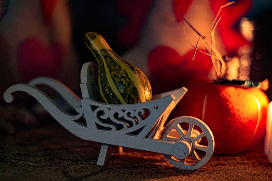 зимна тиква, ръчна количка, миниатюрен, украса, дървена количка, скуош, зеленчук, декоративен