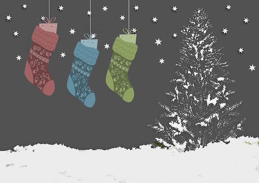 Nicholas Calcetines, abeto, nieve, Navidad, motivo navideño, Decoración navideña, adviento, estrella, árbol de Navidad, tarjeta de Navidad