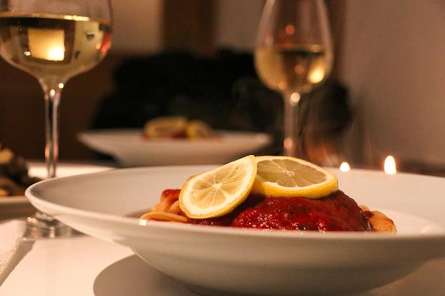 hidangan, makan malam, makan, lemon, cahaya lilin, romantis, Semacam spageti, makanan, gourmet, merapatkan, meja