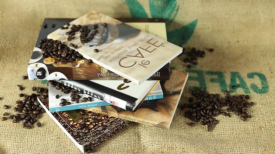 kaffebönor, böcker, Kafé, kaffe, lugg, kunskap, recept, bönor, frön, närbild, böna