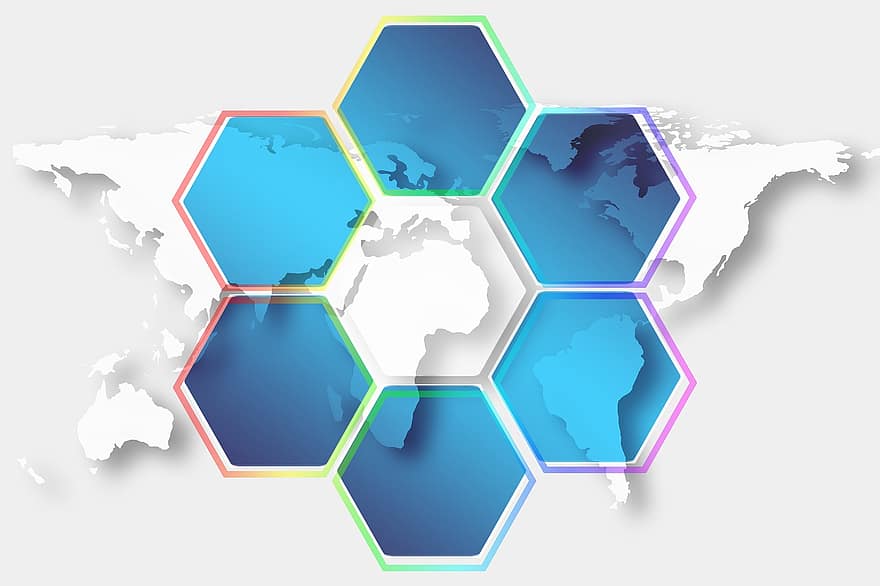 hexagone, carte du monde, réseau, continents, monde, modèle, structure, La technologie, logistique, blockchain, conception