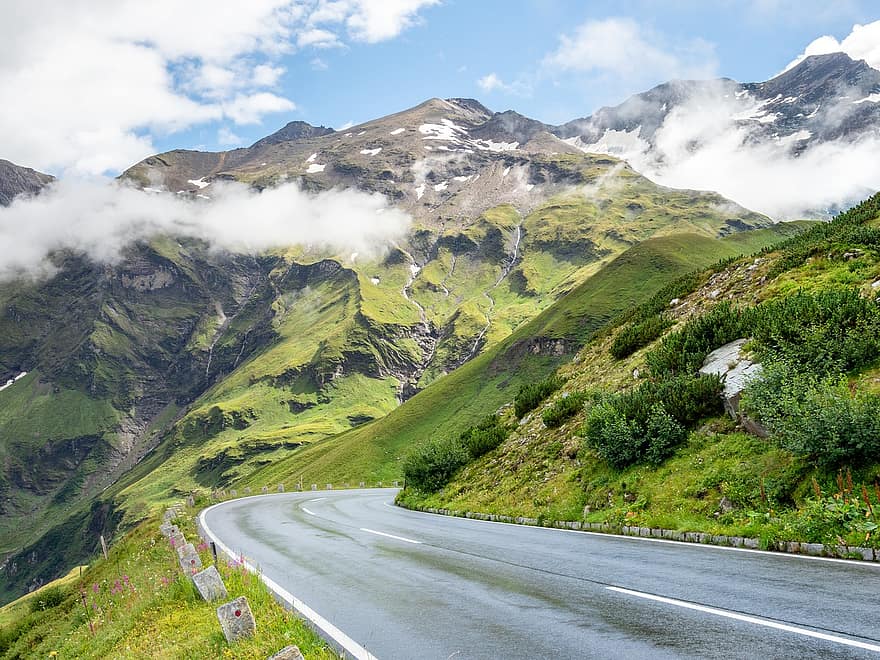 オーストリア、田舎道、Hohe Tauern、ケルンテン、グロースグロックナー、山岳、風景、山、草、夏、旅行