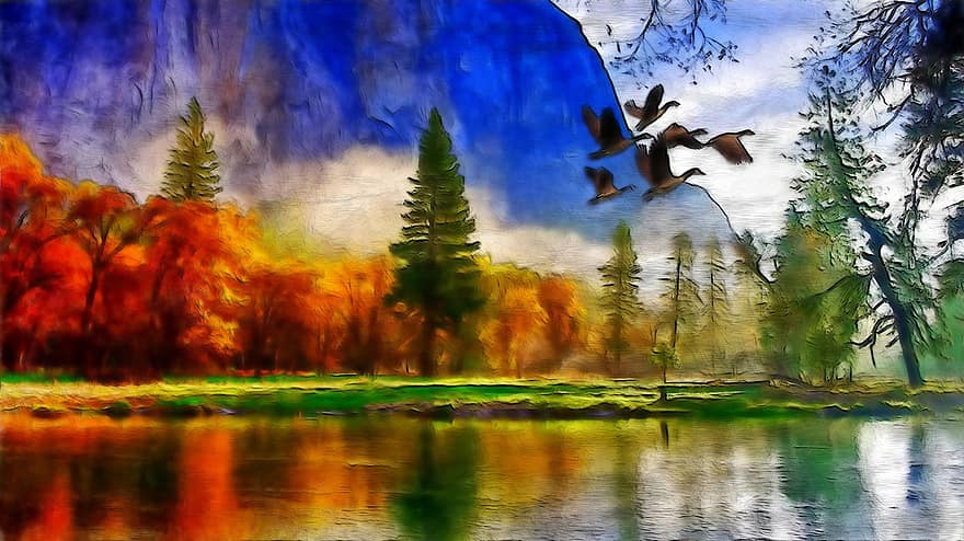 есенна миграция, на открито, природа, панорамен, изглед, вода, размисъл, дърво, планина, отворен, ■ площ