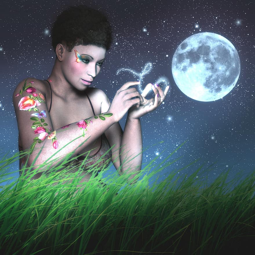 Moon, Grass, Girl, Woman, Fantasy, Light, Fairy, Night, Sky, Earth, Rural