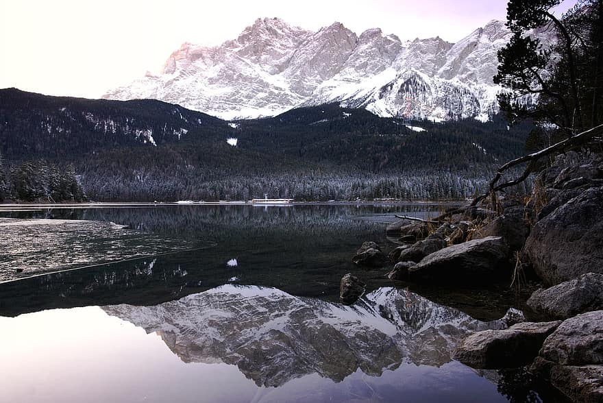 zugspitze, llac, paisatge, duplicació, baviera, muntanyes, alpí, aigua, llac de muntanya, reflexió de l’aigua, neu